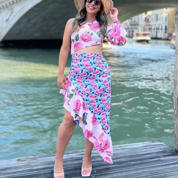Shein Dresses | Shein Medium Floral Print One Shoulder Cut Out Asymmetrical Hem Dress | Color: Blue/Pink | Size: M | Vidafrancoblog's Closet